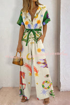 To New Hellos Linen Blend Unique Print Adjustable Waist Pocketed Wide Leg Shirt Jumpsuit