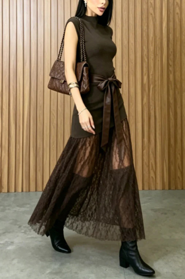 Stylish Sleeveless Spliced lace Hem Elegant Slim-fit Maxi Dress