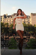 Strapless Appliqué Mesh Neck Wrap Diamond Cutout Bodycon Mini Dress