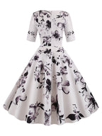 Vintage Glamour Dress Black 1950s Style Floral Print Layered Half Sleeves Sweetheart Neck Medium Rockabilly Dress