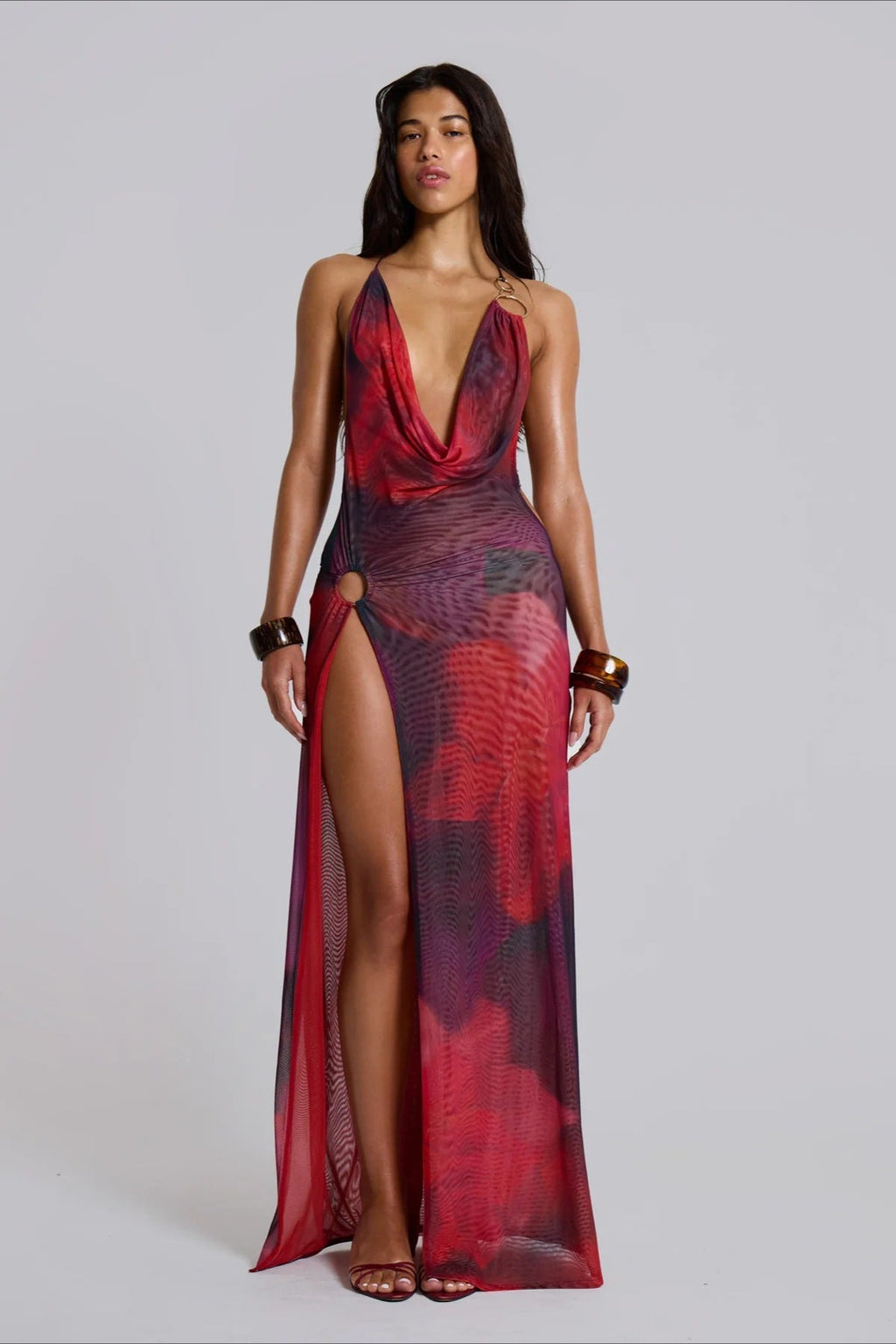Red Plunging Cowl Neck Abstract Print Mesh Ring Detail High Slit Maxi Dress