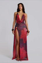 Red Plunging Cowl Neck Abstract Print Mesh Ring Detail High Slit Maxi Dress