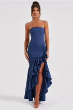 Strapless Corset Bustier High Split Ruffle Trim Mermaid Maxi Cocktail Dress