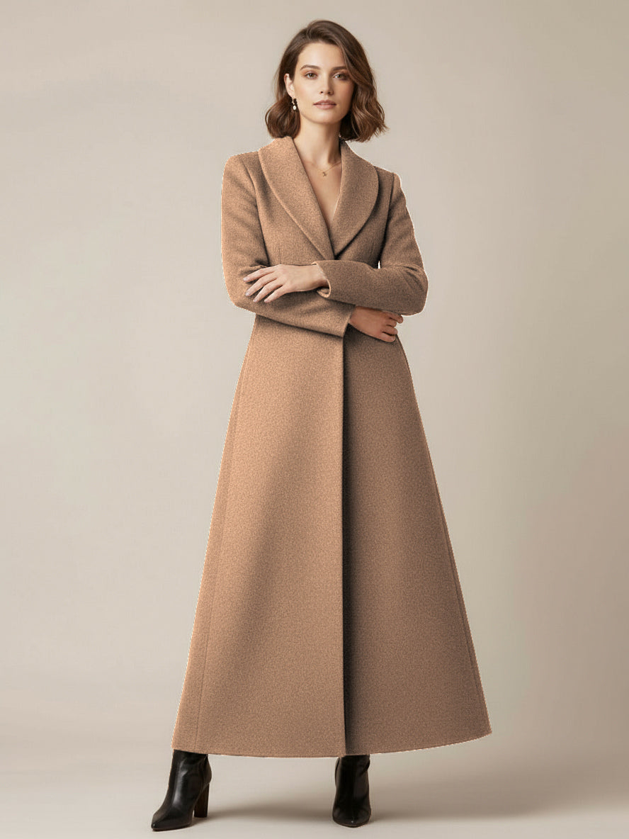 Shawl Collar Full-Length Woolen Coat With A-Line And V-Neck For Women 2026