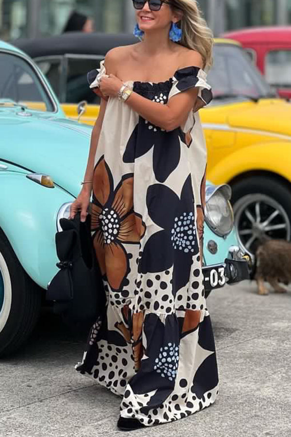 Off Shoulder Floral Polka Dot Print Tiered Pocket Maxi Dress