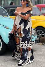 Off Shoulder Floral Polka Dot Print Tiered Pocket Maxi Dress