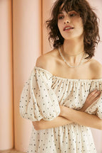 Off Shoulder Polka Dot Smocked Waist Puff Sleeve Ruffle Mini Dress