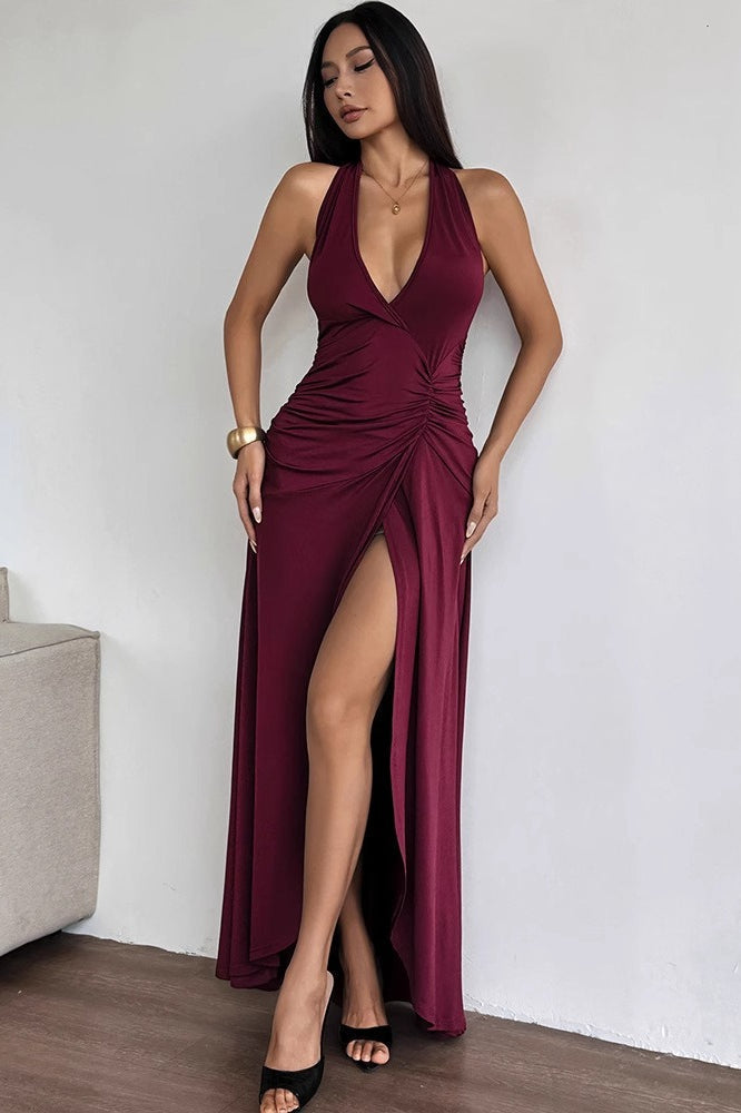 Halter Neck Deep V Ruched Sunburst Waist Thigh Slit Maxi Dress