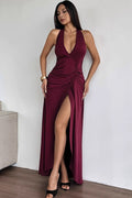 Halter Neck Deep V Ruched Sunburst Waist Thigh Slit Maxi Dress
