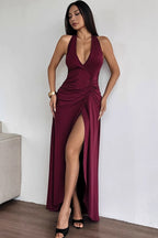 Halter Neck Deep V Ruched Sunburst Waist Thigh Slit Maxi Dress