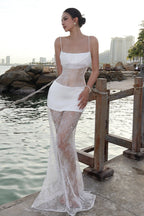 Lace Mesh Cami Ruffle Bust Tiered Layer Skirt Maxi Dress