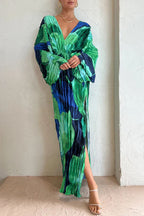 Abstract Floral Print Pleated Deep V-Neck Balloon Sleeve High Split Maxi Dress