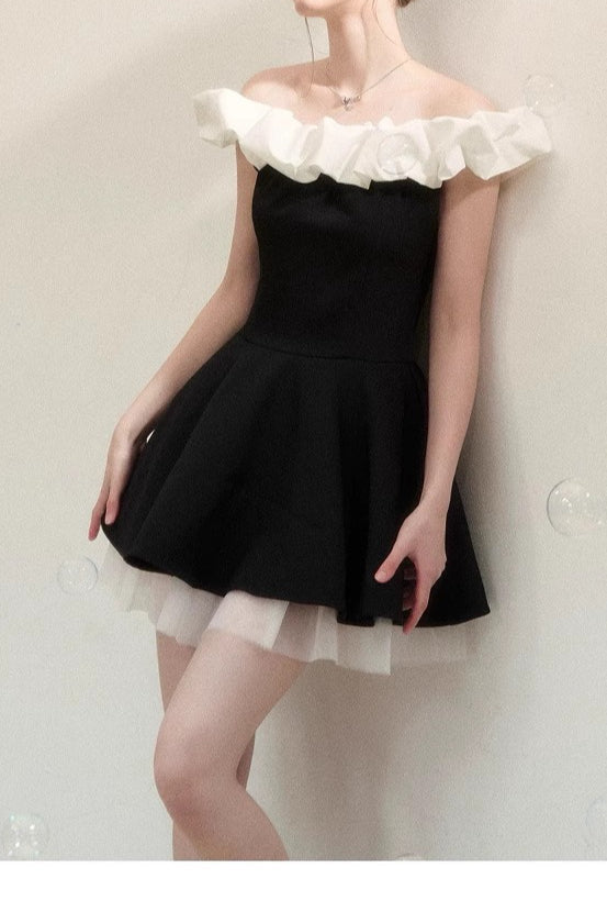 Black Ballet Neck Colorblock Mini Dress