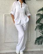 Solid Color Cotton Linen Long-sleeved Shirt & Lace-up Wide Leg Pants Two-piece Set