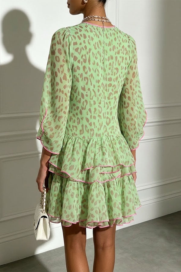 Amara Green Leopard Print Tiered Ruffle Mini Dress