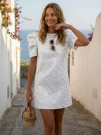Puff Sleeve Mini Shift Dress for Women - Floral Jacquard Crew Neck Sun Dress - Summer Beach Party 2026