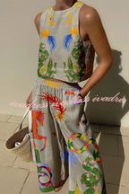 Island Dreaming Linen Blend Unique Print Tank and Elastic Waist Pocketed Pants Set