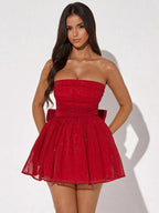 Party Dresses Red Strapless Bows Sleeveless Open Shoulder Semi Formal Dress