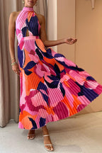 Pleated Halter Neck Cut Out Crisscross Bodice Abstract Floral Print Maxi Dress