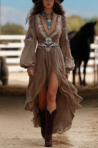 Retro V-neck Lantern Sleeve Ruffled Irregular Hem Maxi Dress