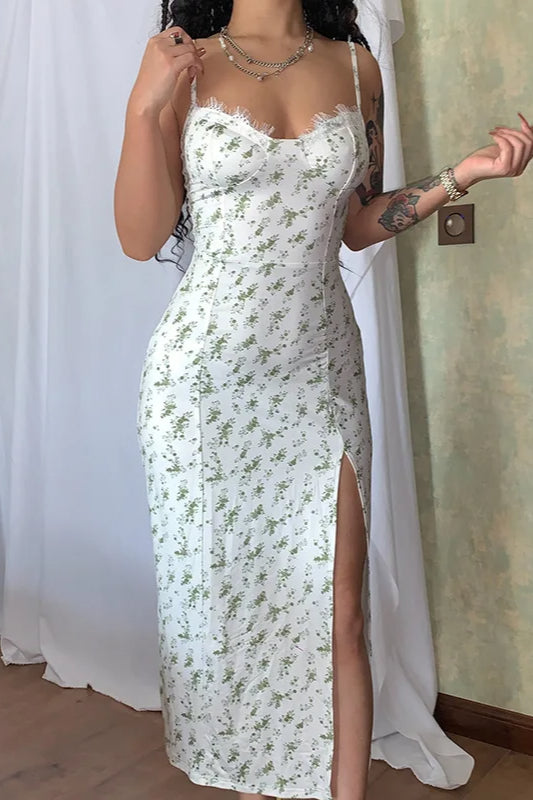 Floral Corset Sweetheart Lace Trim Spaghetti Strap High Split Midi Dress