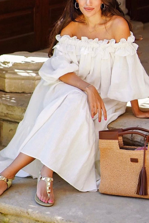 Seaside Street Fashionable Linen Blended Off Shoulder Ruffles Bubble Sleeves Pocket Flute Dress
