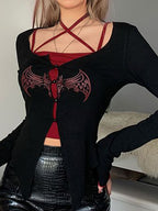 Bat Print Breasted Irregular Hem Long Sleeve Tee