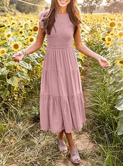 Smocked Bodice Flutter Sleeve Tiered A-Line Midi Dress