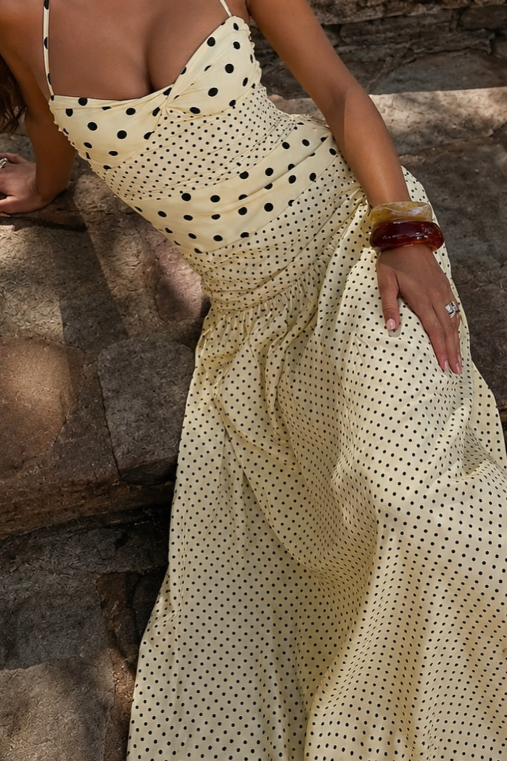 Sweetheart Halter Knot Bodice Mixed Scale Polka Dot Maxi Dress