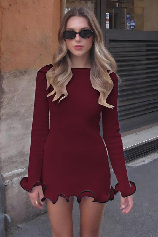 Boat Neck Long Sleeve Contrast Trim Lettuce Hem Knit Mini Dress