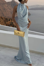 Unforgettable Satin High Drape Neck Open Back Flare Maxi Dress