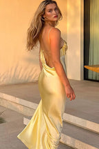 Satin Cowl Neck Spaghetti Strap Bias Cut Slip Maxi Dress