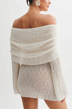Off Shoulder Cowl Neck Long Sleeve Textured Knit Bodycon Mini Dress