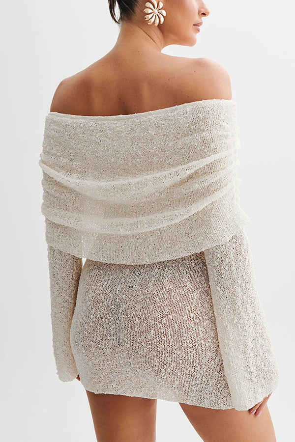 Off Shoulder Cowl Neck Long Sleeve Textured Knit Bodycon Mini Dress