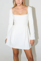 Pearl Embellished Square Neck Long Sleeve Fit and Flare Mini Dress