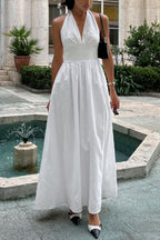 Solid Color Halter Neck Tie Elegant Backless Waist-cinching Maxi Dress
