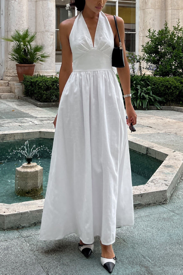 Solid Color Halter Neck Tie Elegant Backless Waist-cinching Maxi Dress
