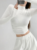 Solid Mock Neck Shirred Slim Long Sleeve Knit