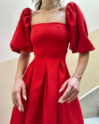 Red Square Neck Puff Sleeve Dress