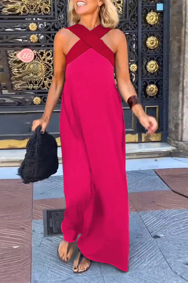 Halter Neck Mesh Illusion Panel Flowy Maxi Dress
