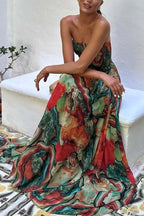 Vacay Vibes Colorful Lava Print Off Shoulder Smocked Scarf Maxi Dress