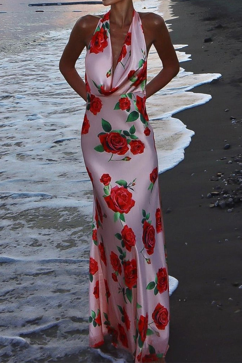 Floral Print Satin Halter Neck Cowl Backless Maxi Dress