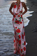 Floral Print Satin Halter Neck Cowl Backless Maxi Dress