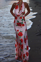 Floral Print Satin Halter Neck Cowl Backless Maxi Dress