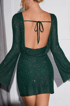 Sequin Boat Neck Bell Sleeve Bodycon Mini Dress