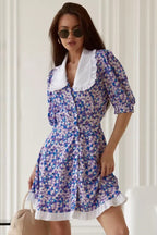 Purple Oversized Peter Pan Collar Puff Sleeve Ruffle Hem Ditsy Floral Mini Dress