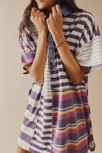 Denim Collar Striped Patchwork Polo Rugby Mini Dress