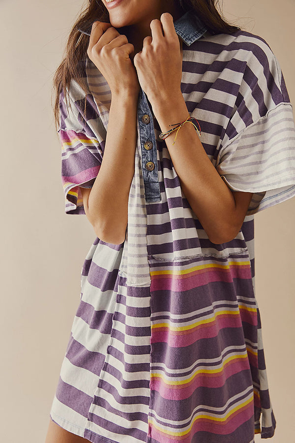 Denim Collar Striped Patchwork Polo Rugby Mini Dress
