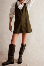 Denim Deep V-Neck Wide Strap Front Pocket Pinafore Mini Dress