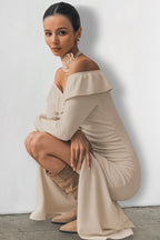 Off Shoulder Sweetheart Ruffle Flounce Long Sleeve Ruched Front Slit Midi Dress